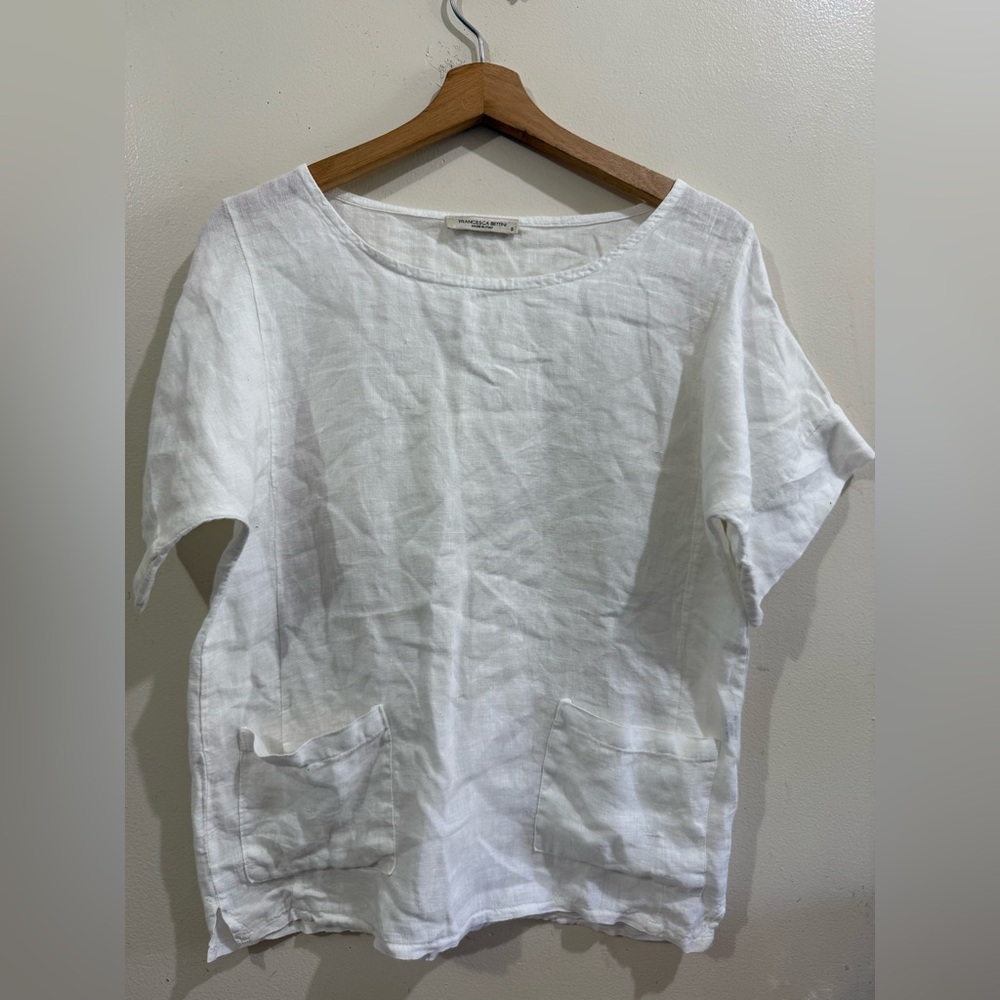 Francesca bettinni Women's White Linen Short Sleeve Tunic with Front Pockets